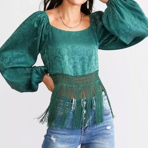 Willow & Root Satin Fringe Tie Back Emerald Blouse Size L